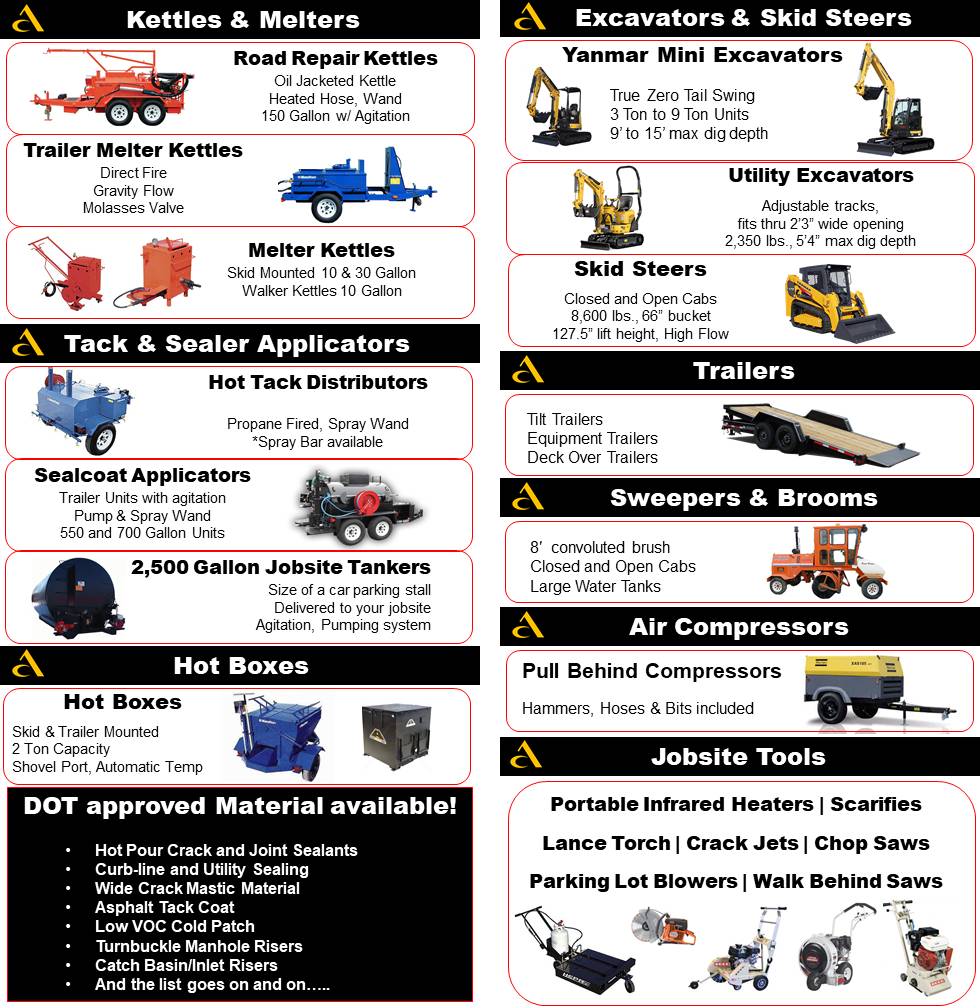 kettles melters excavatros skid steers tack sealers applicators trailers sweepers brooms air …